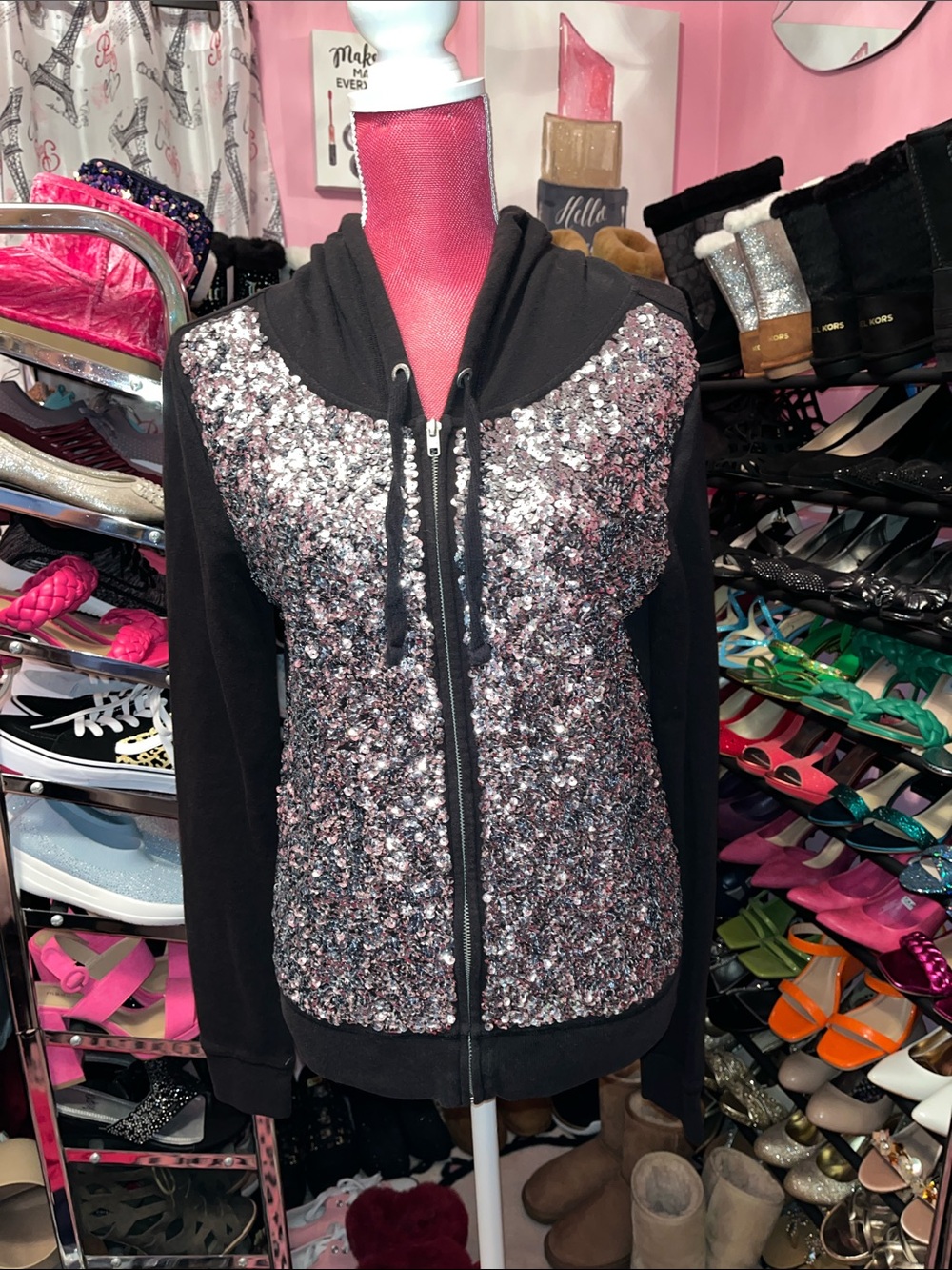 PINK Victoria's Secret Black Hoodie Jacket with Silver Sequin Front